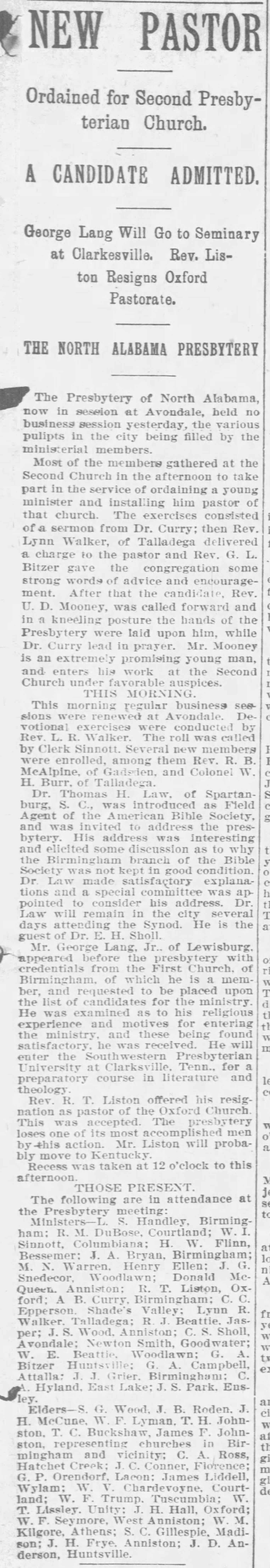 New Pastor Ordained for Second Presbyterian Church: North Alabama Presbytery